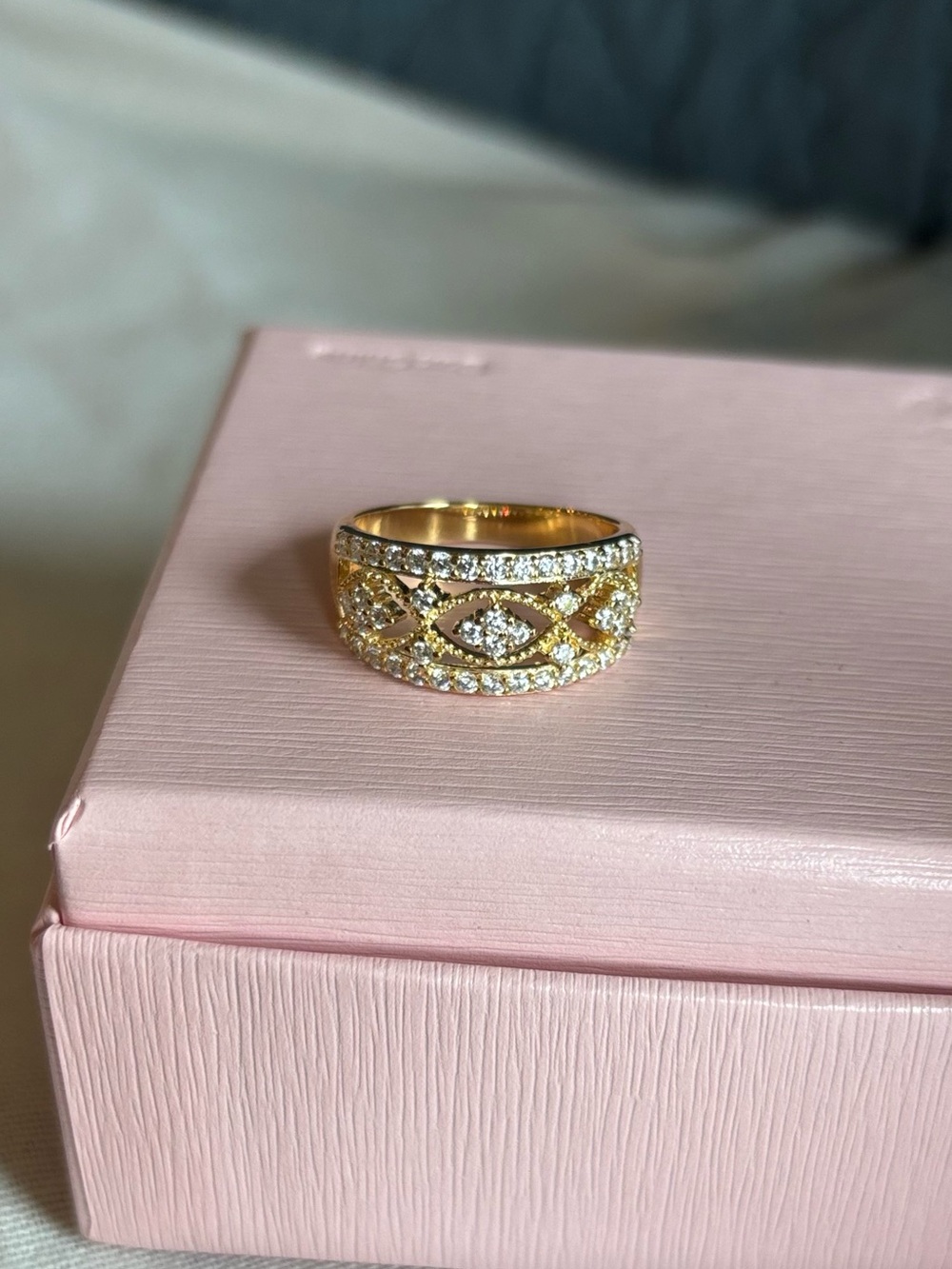 Diamonique Gold Tone CZ Openwork Statement Ring Size 7 NIB Designer New Jewelry